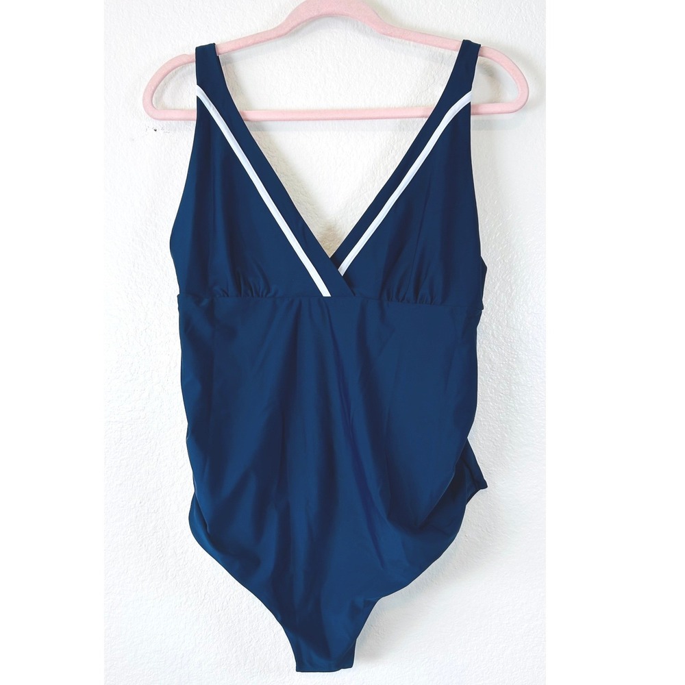 Seraphine Maternity Navy Blue Nautical One Piece Swimsuit White Trim V-Neck SZ M